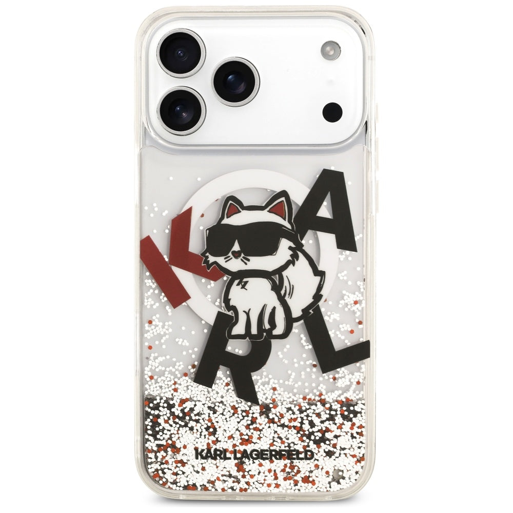 Husa MagSafe za Apple iPhone 17 Pro Max, Karl Lagerfeld, Liquid Glitter Logo Choupette, Prozirna