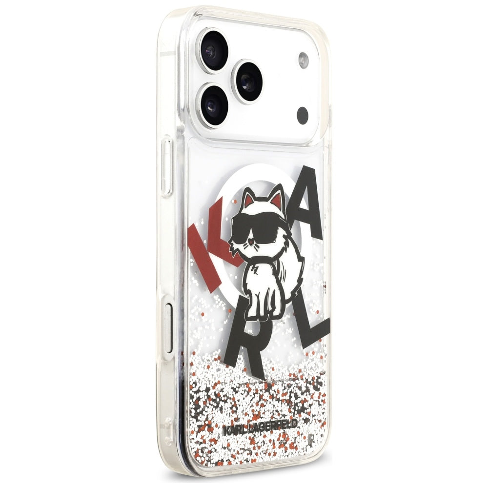 Husa MagSafe za Apple iPhone 17 Pro Max, Karl Lagerfeld, Liquid Glitter Logo Choupette, Prozirna