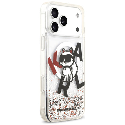 Husa MagSafe za Apple iPhone 17 Pro Max, Karl Lagerfeld, Liquid Glitter Logo Choupette, Prozirna