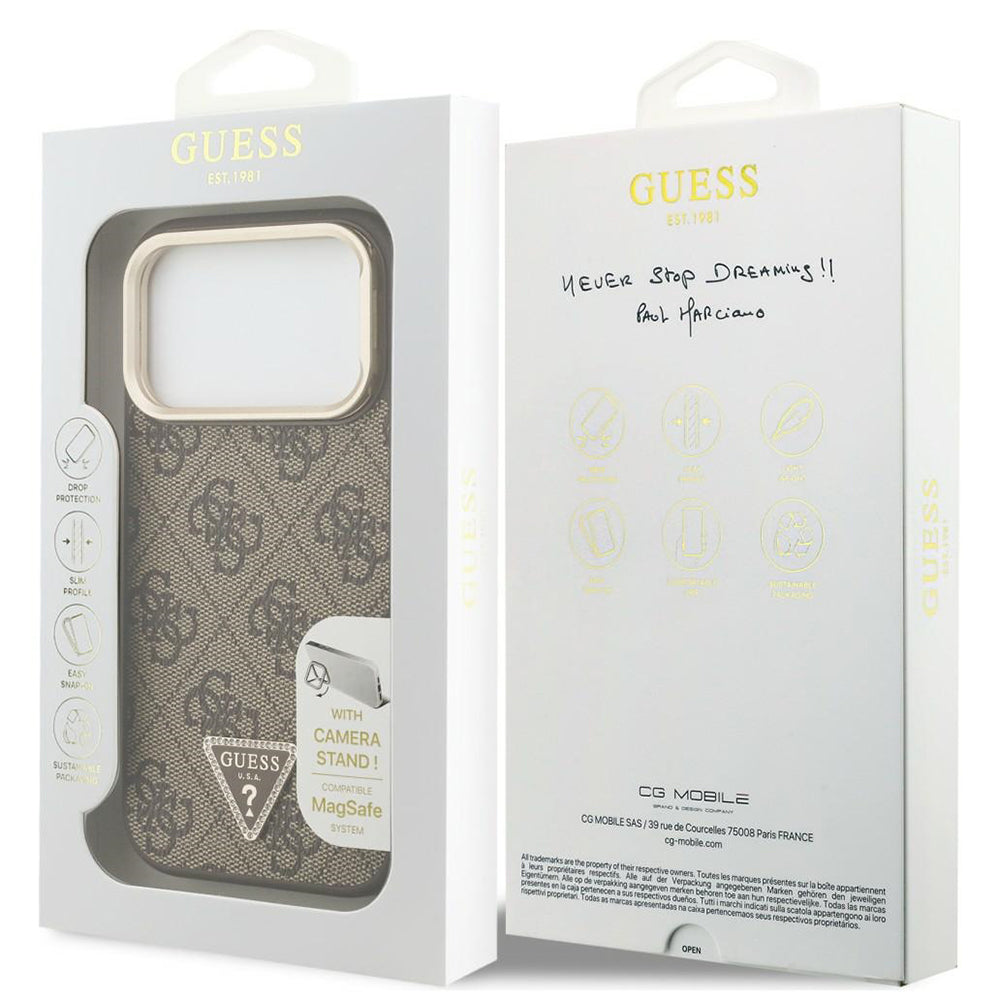 MagSafe maska za Apple iPhone 18 Pro / 17 Pro, Guess, 4G Triangle Logo & Stand Camera, smeđa