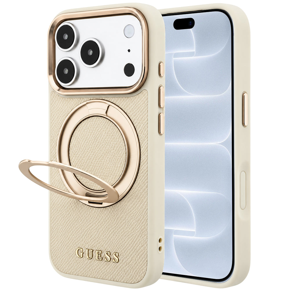 MagSafe maska za Apple iPhone 18 Pro / 17 Pro, Guess, Grained Ring Stand 360 Classic, bež
