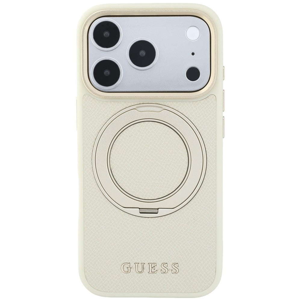MagSafe maska za Apple iPhone 18 Pro / 17 Pro, Guess, Grained Ring Stand 360 Classic, bež
