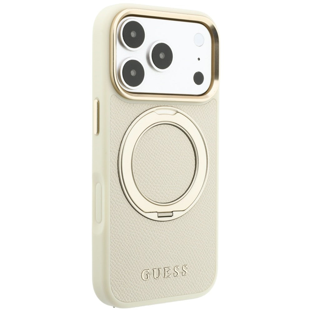MagSafe maska za Apple iPhone 18 Pro / 17 Pro, Guess, Grained Ring Stand 360 Classic, bež
