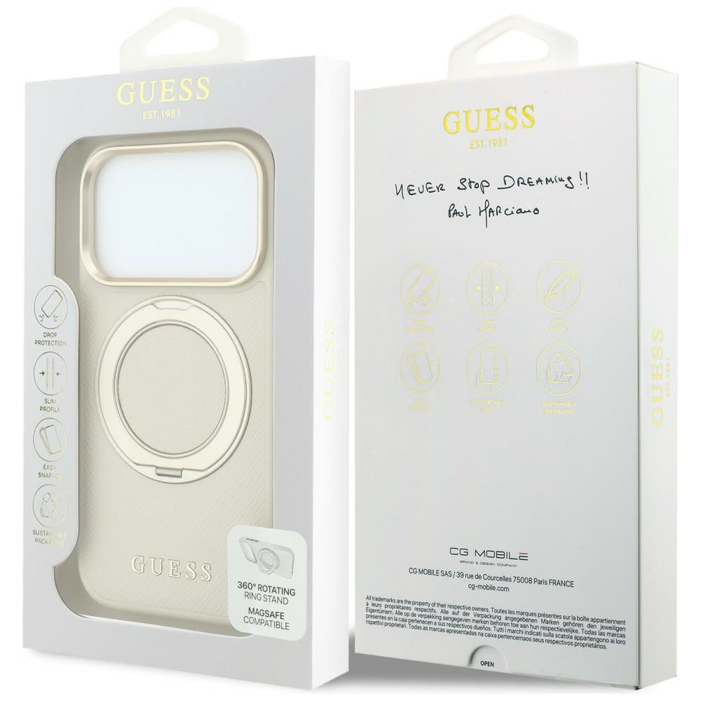 MagSafe maska za Apple iPhone 18 Pro / 17 Pro, Guess, Grained Ring Stand 360 Classic, bež
