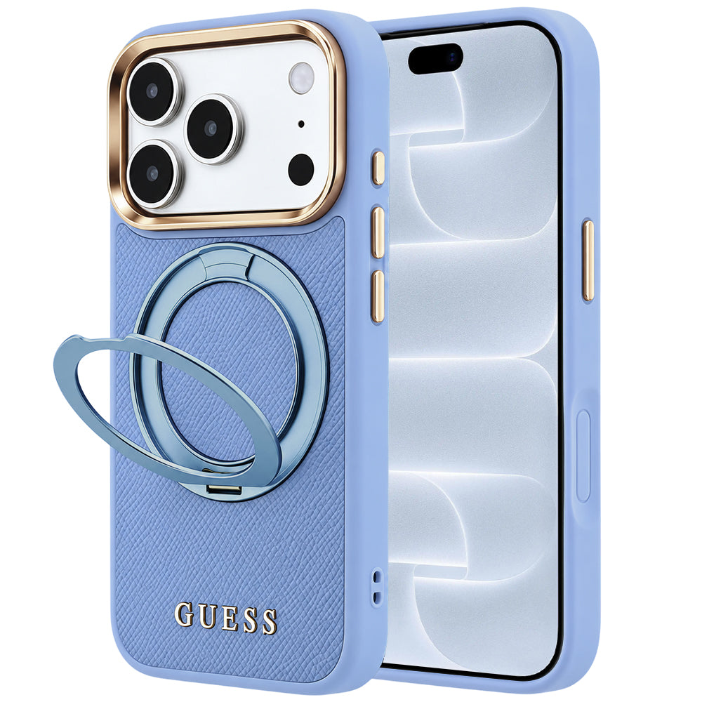 MagSafe maska za Apple iPhone 18 Pro / 17 Pro, Guess, Grained Ring Stand 360 Classic, plava