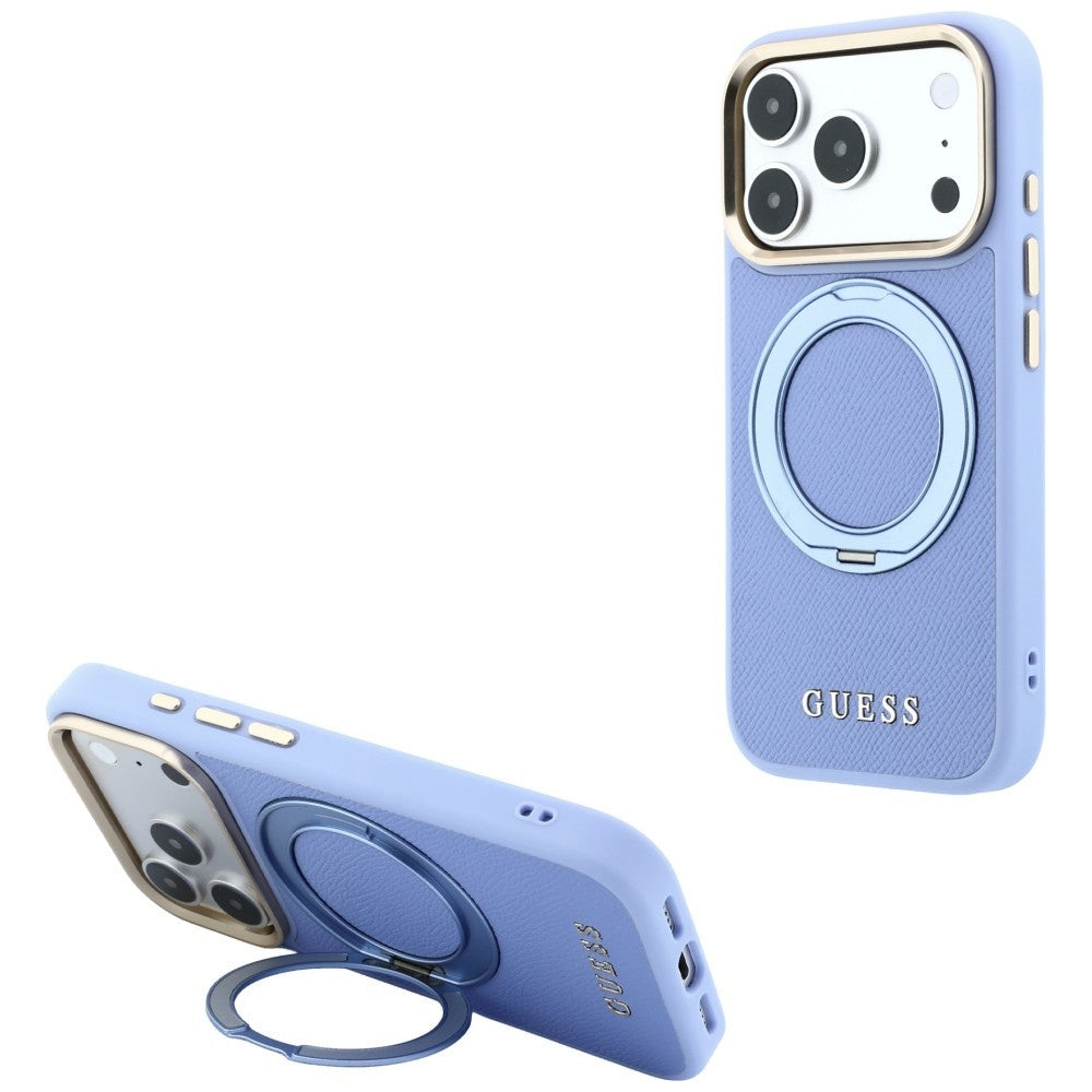MagSafe maska za Apple iPhone 18 Pro / 17 Pro, Guess, Grained Ring Stand 360 Classic, plava