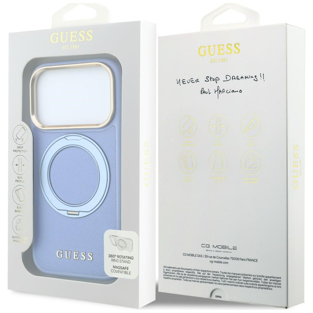 MagSafe maska za Apple iPhone 18 Pro / 17 Pro, Guess, Grained Ring Stand 360 Classic, plava
