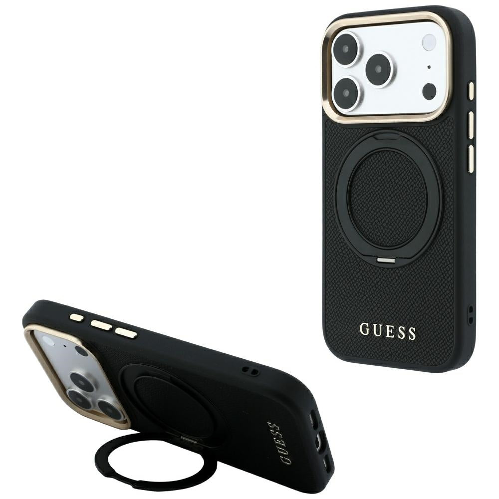 MagSafe maska za Apple iPhone 18 Pro / 17 Pro, Guess, Grained Ring Stand 360 Classic, crna