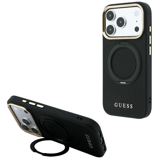 MagSafe maska za Apple iPhone 18 Pro / 17 Pro, Guess, Grained Ring Stand 360 Classic, crna