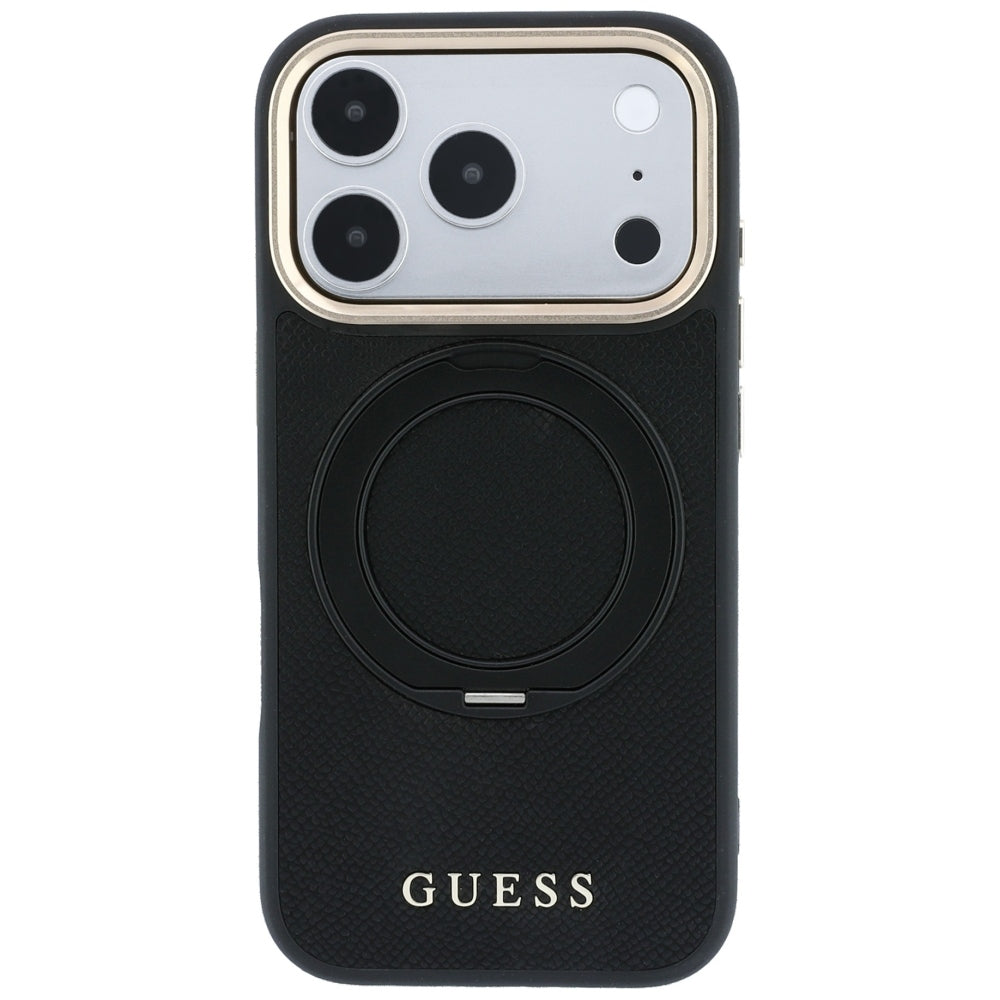 MagSafe maska za Apple iPhone 18 Pro / 17 Pro, Guess, Grained Ring Stand 360 Classic, crna