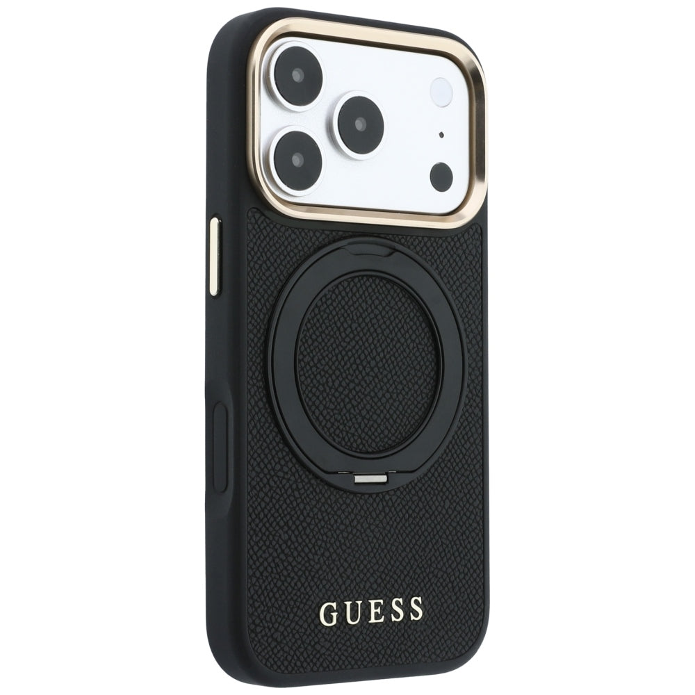 MagSafe maska za Apple iPhone 18 Pro / 17 Pro, Guess, Grained Ring Stand 360 Classic, crna