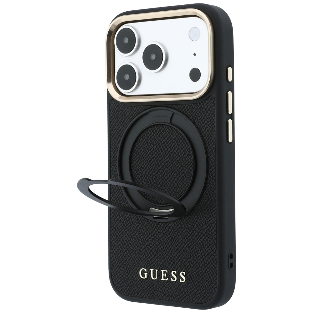 MagSafe maska za Apple iPhone 18 Pro / 17 Pro, Guess, Grained Ring Stand 360 Classic, crna