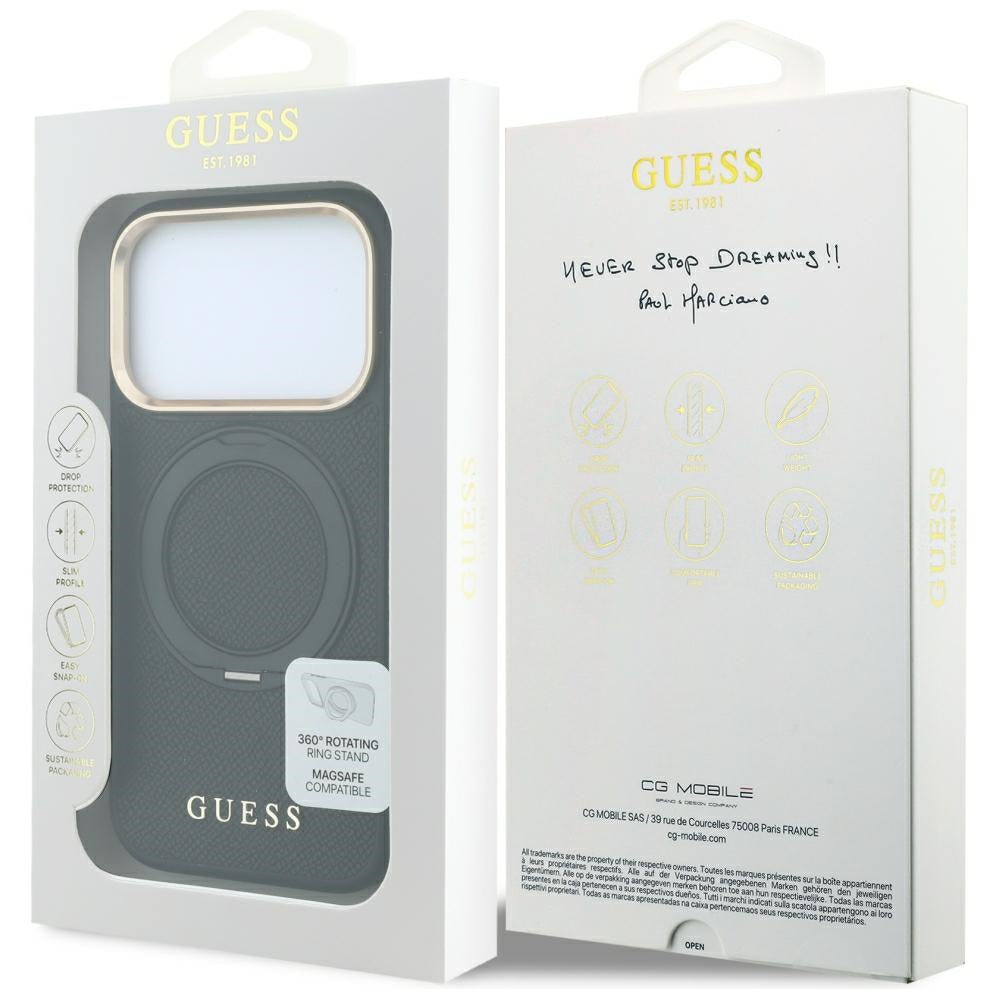 MagSafe maska za Apple iPhone 18 Pro / 17 Pro, Guess, Grained Ring Stand 360 Classic, crna