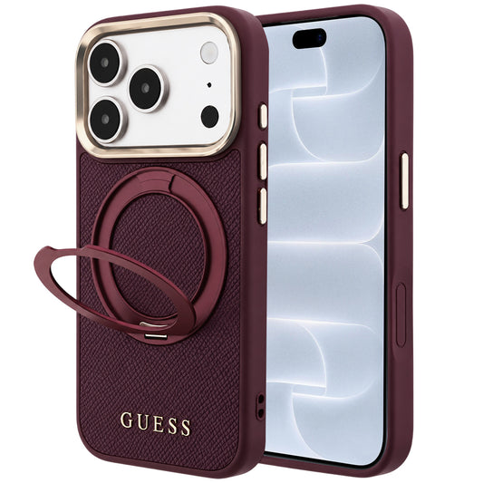 MagSafe maska za Apple iPhone 18 Pro / 17 Pro, Guess, Grained Ring Stand 360 Classic, bordo boje