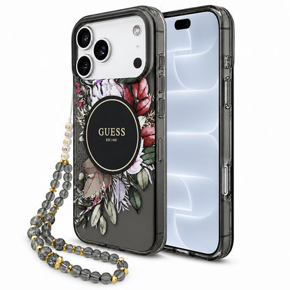 MagSafe maskica za Apple iPhone 18 Pro / 17 Pro, Guess, IML Flowers with Pearl Strap, crna