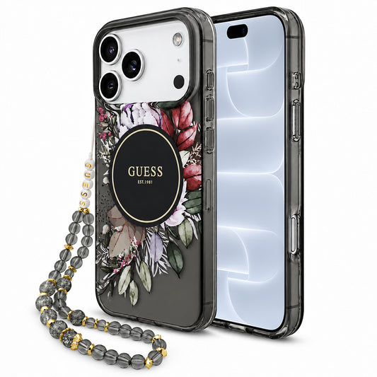 MagSafe maskica za Apple iPhone 18 Pro / 17 Pro, Guess, IML Flowers with Pearl Strap, crna