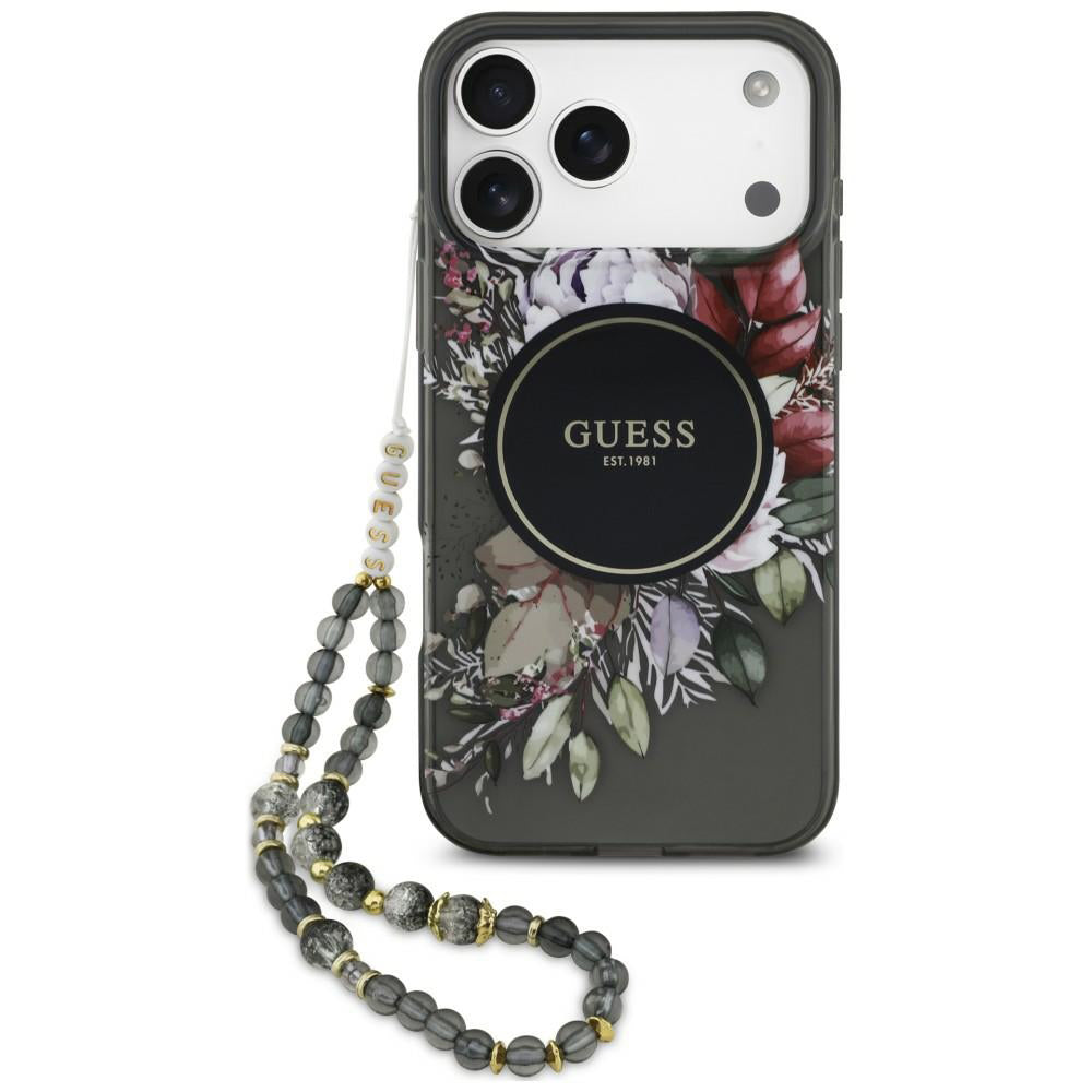 MagSafe maskica za Apple iPhone 18 Pro / 17 Pro, Guess, IML Flowers with Pearl Strap, crna