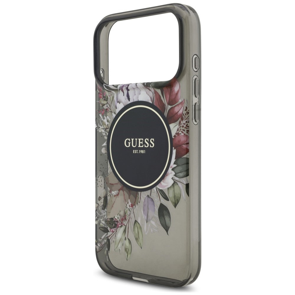 MagSafe maskica za Apple iPhone 18 Pro / 17 Pro, Guess, IML Flowers with Pearl Strap, crna