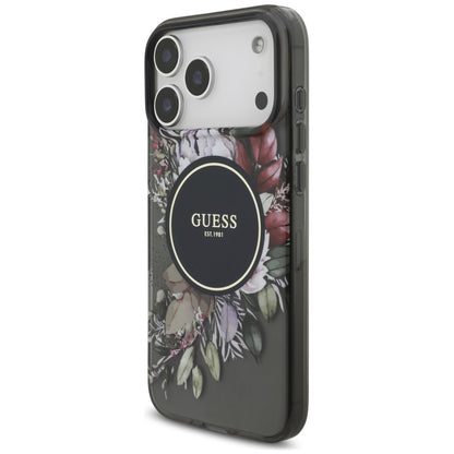 MagSafe maskica za Apple iPhone 18 Pro / 17 Pro, Guess, IML Flowers with Pearl Strap, crna