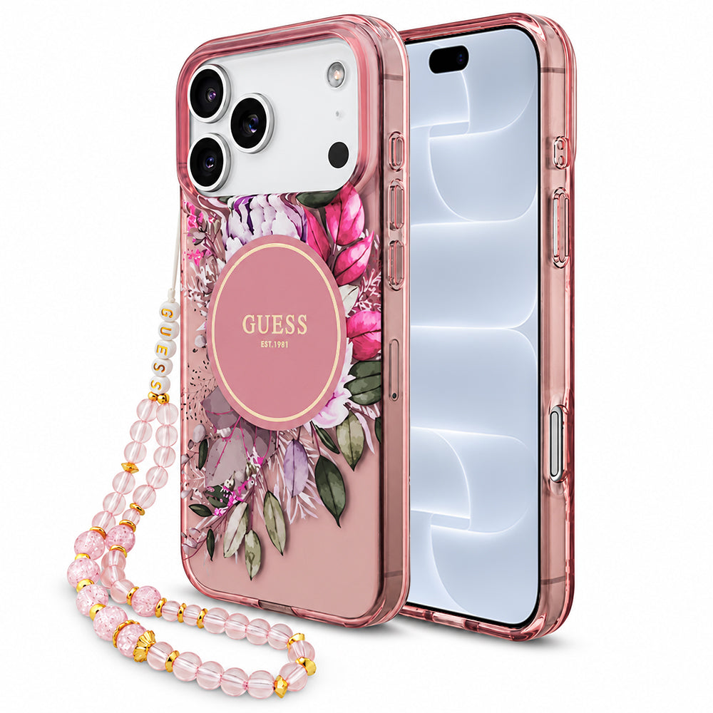 MagSafe maska za Apple iPhone 18 Pro / 17 Pro, Guess, IML Flowers with Pearl Strap, ružičasta