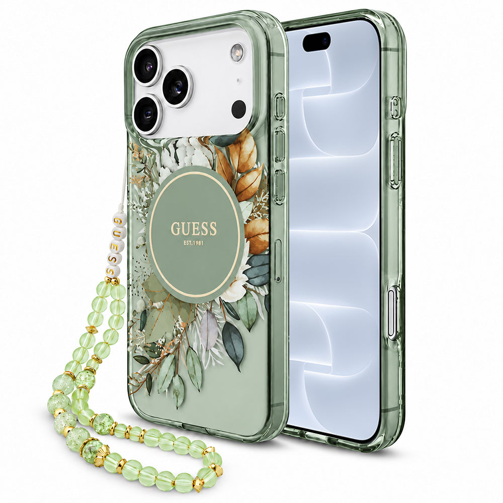 MagSafe maska za Apple iPhone 18 Pro / 17 Pro, Guess, IML Flowers with Pearl Strap, zelena