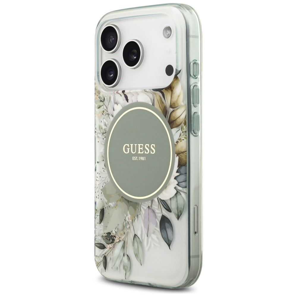 MagSafe maska za Apple iPhone 18 Pro / 17 Pro, Guess, IML Flowers with Pearl Strap, zelena