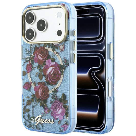 MagSafe futrola za Apple iPhone 18 Pro / 17 Pro, Guess, IML Glitter Blossom Roses, Plava