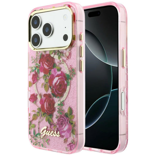 MagSafe maska za Apple iPhone 18 Pro / 17 Pro, Guess, IML Glitter Blossom Roses, Ružičasta