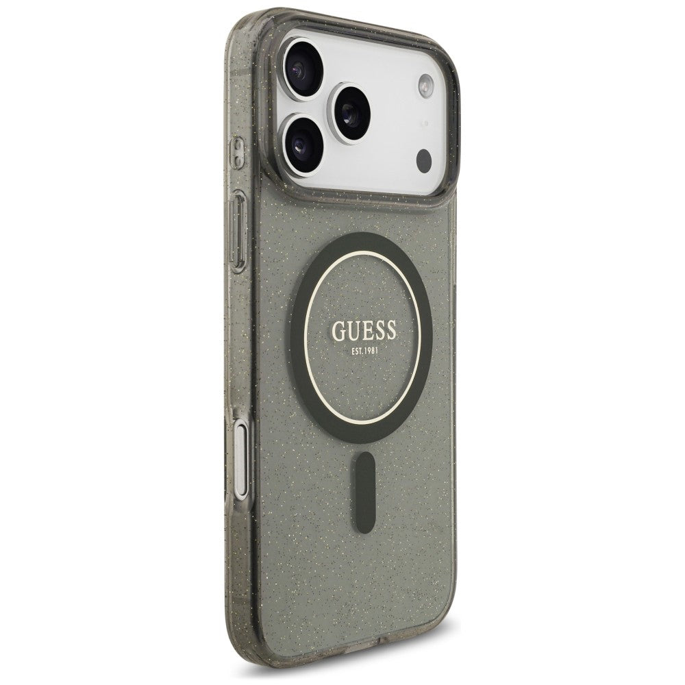 MagSafe maskica za Apple iPhone 18 Pro / 17 Pro, Guess, IML Glitter with Pearl Strap, crna