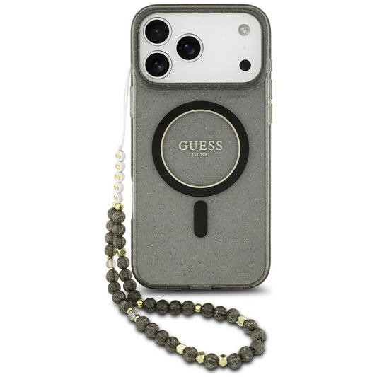 MagSafe maskica za Apple iPhone 18 Pro / 17 Pro, Guess, IML Glitter with Pearl Strap, crna