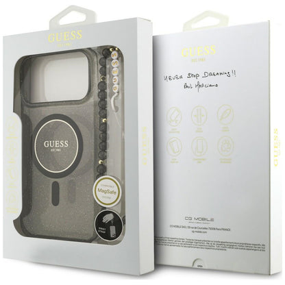 MagSafe maskica za Apple iPhone 18 Pro / 17 Pro, Guess, IML Glitter with Pearl Strap, crna