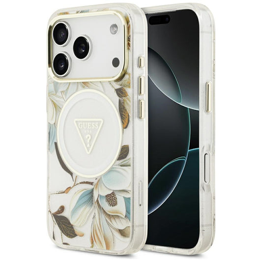 MagSafe futrola za Apple iPhone 18 Pro / 17 Pro, Guess, IML Metal Glitter Flowers Triangle, Bijela