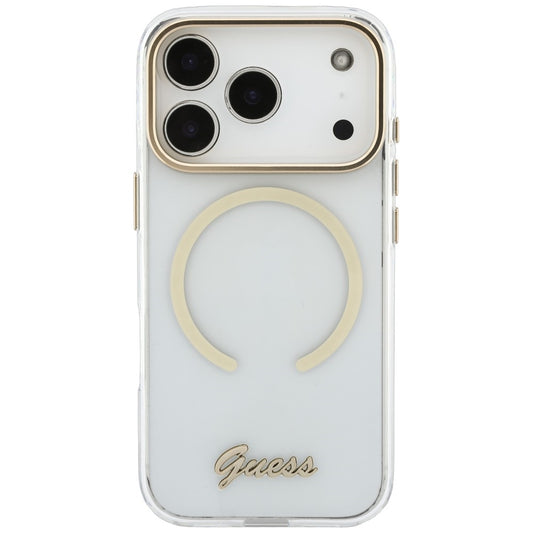 MagSafe maska za Apple iPhone 18 Pro / 17 Pro, Guess, IML Script Metal, prozirna