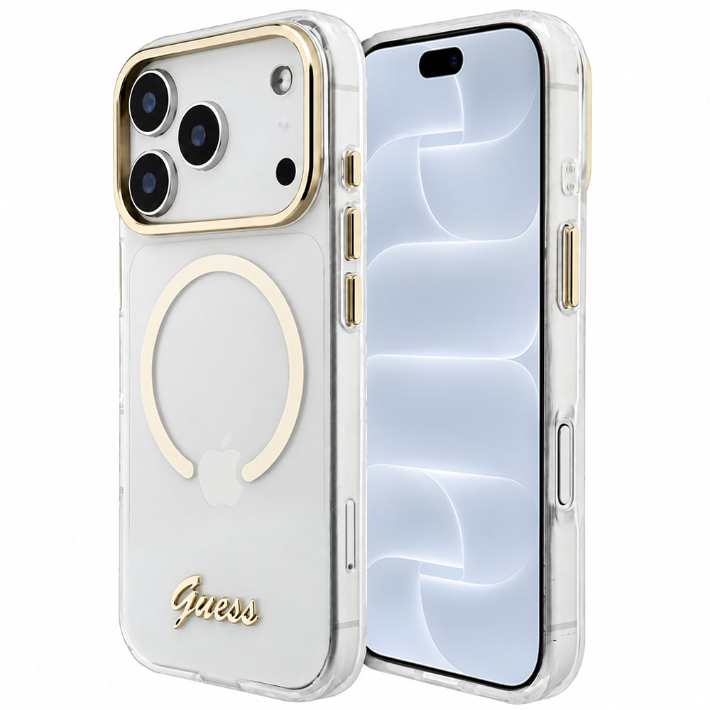 MagSafe maska za Apple iPhone 18 Pro / 17 Pro, Guess, IML Script Metal, prozirna