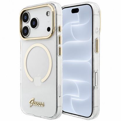 MagSafe maska za Apple iPhone 18 Pro / 17 Pro, Guess, IML Script Metal, prozirna