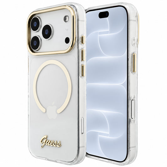 MagSafe maska za Apple iPhone 18 Pro / 17 Pro, Guess, IML Script Metal, prozirna