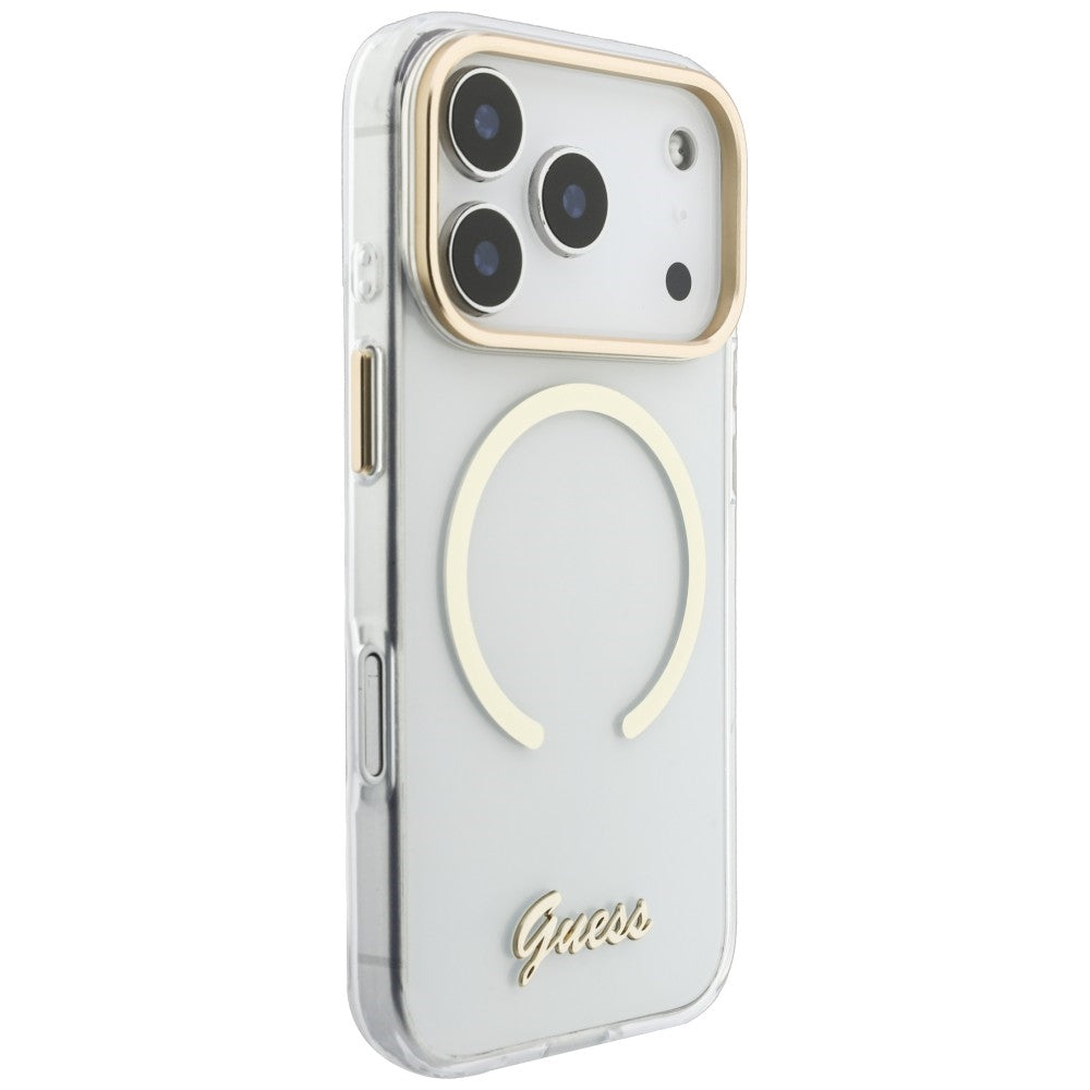 MagSafe maska za Apple iPhone 18 Pro / 17 Pro, Guess, IML Script Metal, prozirna