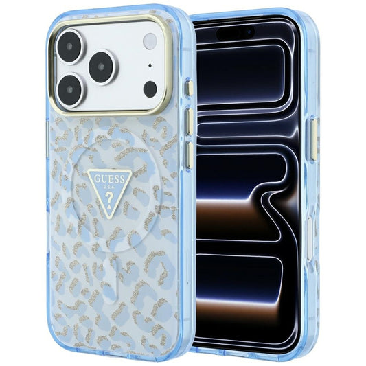 MagSafe maska za Apple iPhone 18 Pro / 17 Pro, Guess, Leopard Glitter Triangle Logo, Plava