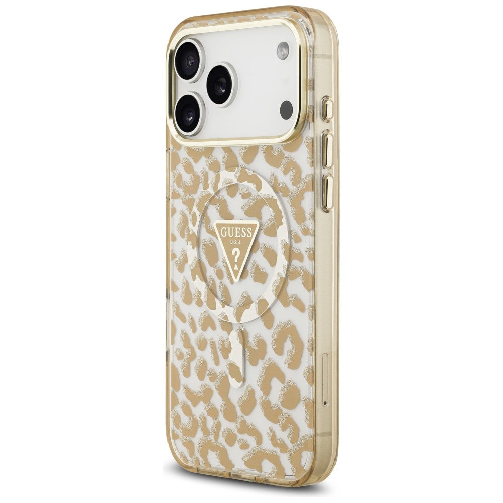 MagSafe maska za Apple iPhone 18 Pro / 17 Pro, Guess, Leopard Glitter Triangle Logo, Smeđa