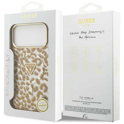 MagSafe maska za Apple iPhone 18 Pro / 17 Pro, Guess, Leopard Glitter Triangle Logo, Smeđa