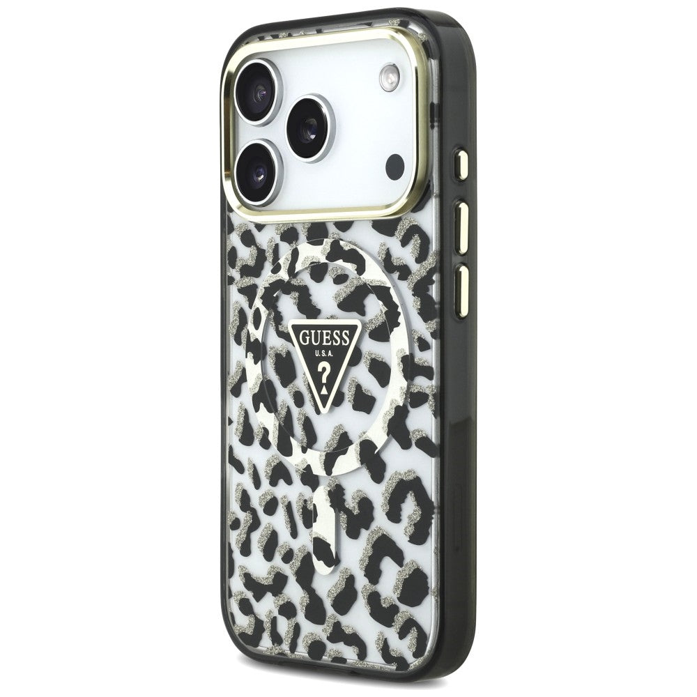 MagSafe maska za Apple iPhone 18 Pro / 17 Pro, Guess, Leopard Glitter Triangle Logo, Crna