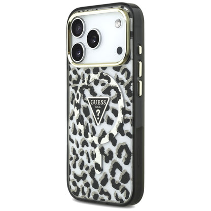 MagSafe maska za Apple iPhone 18 Pro / 17 Pro, Guess, Leopard Glitter Triangle Logo, Crna