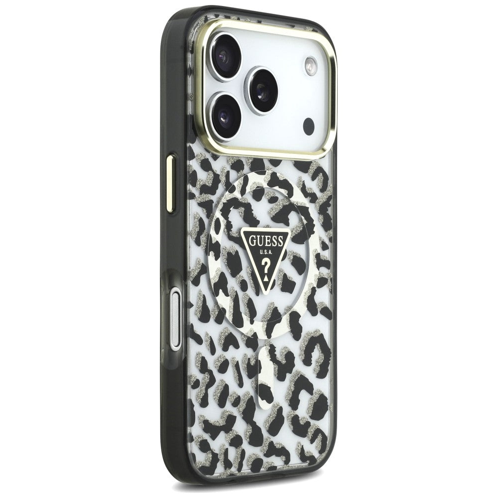 MagSafe maska za Apple iPhone 18 Pro / 17 Pro, Guess, Leopard Glitter Triangle Logo, Crna