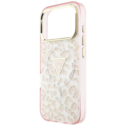 MagSafe maska za Apple iPhone 18 Pro / 17 Pro, Guess, Leopard Glitter Triangle Logo, Roza