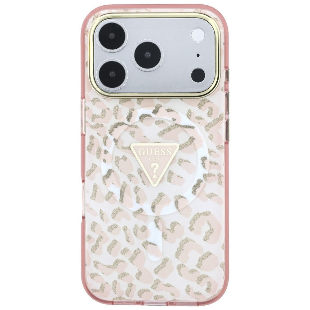MagSafe maska za Apple iPhone 18 Pro / 17 Pro, Guess, Leopard Glitter Triangle Logo, Roza
