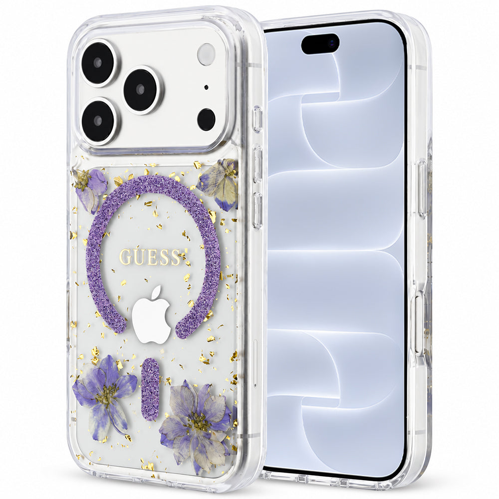 MagSafe maska za Apple iPhone 18 Pro / 17 Pro, Guess, Smolasti cvjetovi i šljokice, Ljubičasta