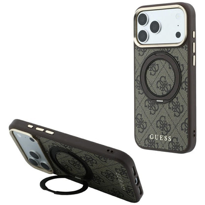 MagSafe futrola za Apple iPhone 18 Pro / 17 Pro, Guess, Ring Stand 360 4G Classic Logo, Smeđa