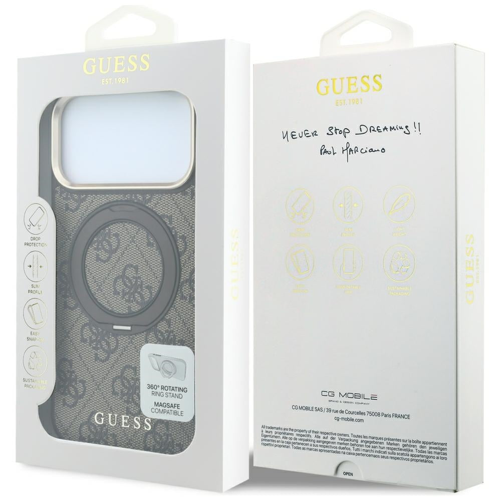 MagSafe futrola za Apple iPhone 18 Pro / 17 Pro, Guess, Ring Stand 360 4G Classic Logo, Smeđa