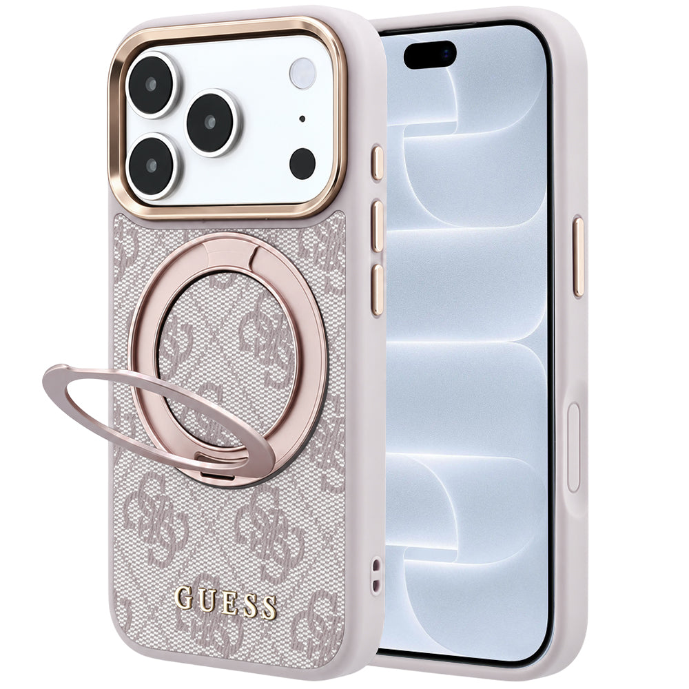 MagSafe maska za Apple iPhone 18 Pro / 17 Pro, Guess, Ring Stand 360 4G Classic Logo, Roza