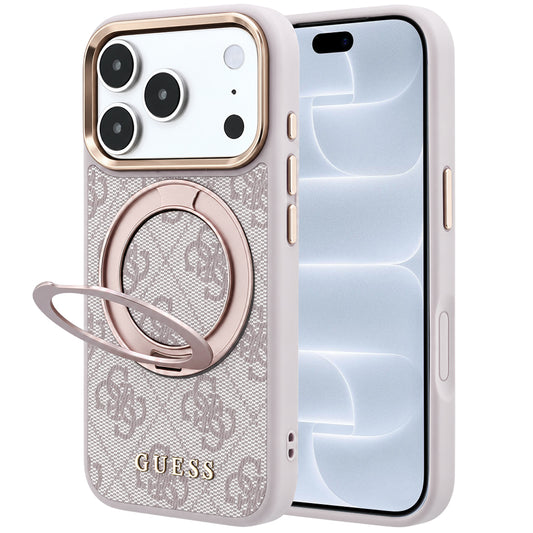 MagSafe maska za Apple iPhone 18 Pro / 17 Pro, Guess, Ring Stand 360 4G Classic Logo, Roza